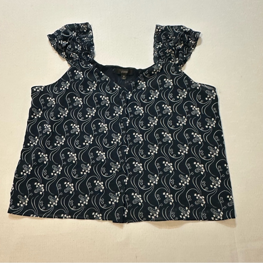 J.Crew Navy Floral Ruffle Sleeve Blouse Size Medium